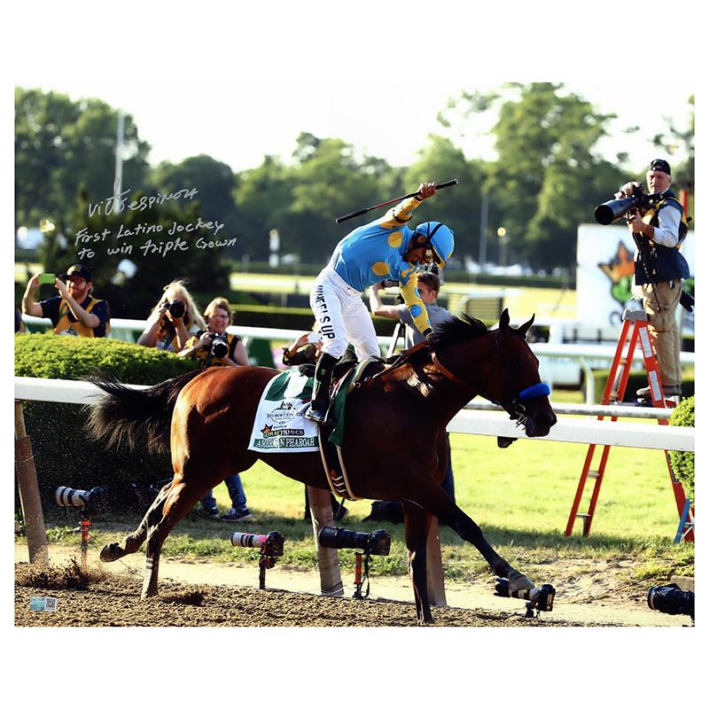 Victor Espinoza Autographed & Inscr "First Latino Jockey to win Triple Crown" 2015 Belmont Stake 16x20 Photograph (CX Auth)