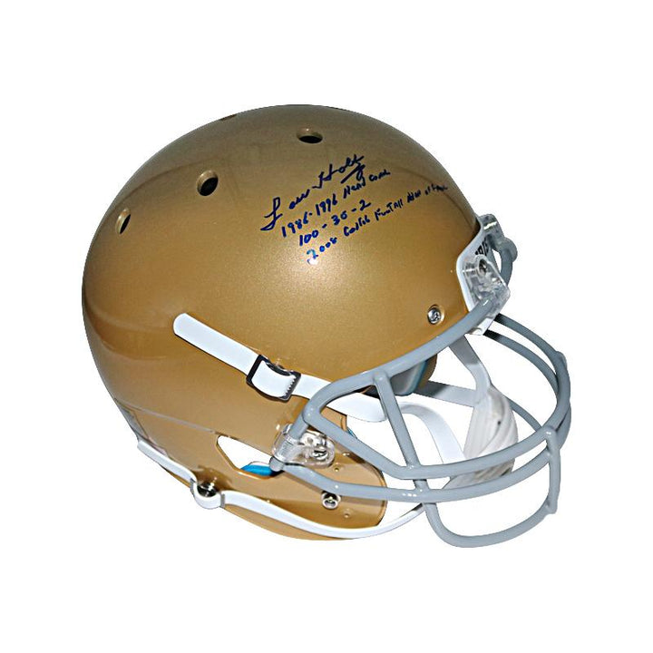 Lou Holtz University of Notre Dame Autographed and Insc. "1986-1996 Head Coach 100-30-2, 2008 College Football Hall of Fame" Helmet