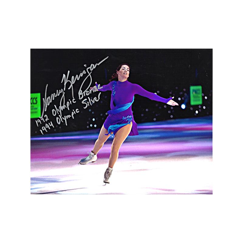 Nancy Kerrigan Team USA Autographed & Inscr. "1992 Olympic Bronze, 1993 Olympic Silver" 8x10 Photo (wearing purple)