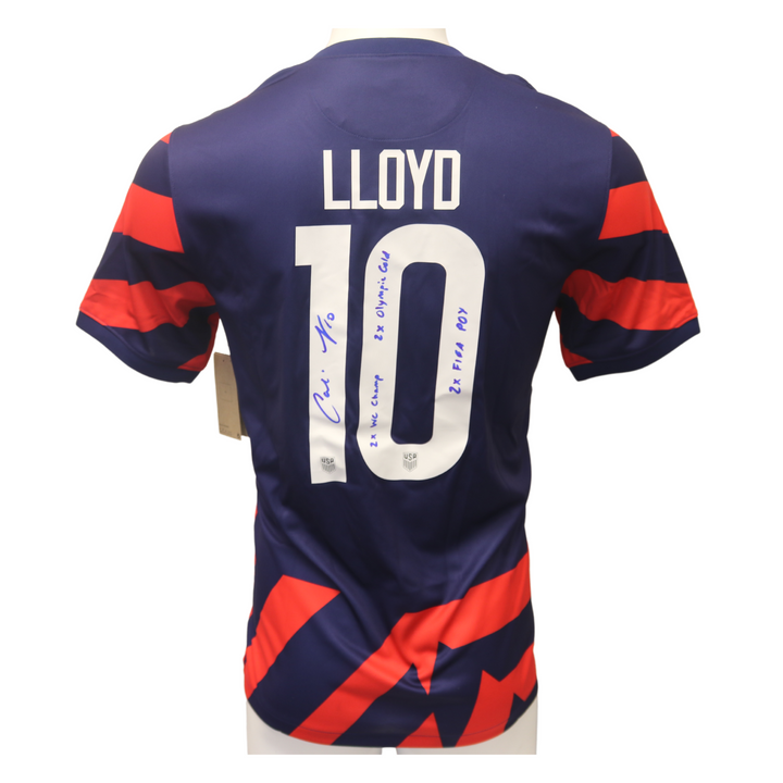 Carli Lloyd USWNT Autographed and Insc. w/ 2x Intl. Achievements Blue/Red Away Replica Jersey (CX Auth)