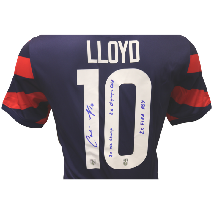 Carli Lloyd USWNT Autographed and Insc. w/ 2x Intl. Achievements Blue/Red Away Replica Jersey (CX Auth)