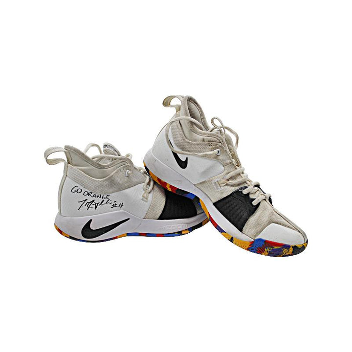 Tiana Mangakahia Syracuse University Autographed and Insc. "Go Orange, 2018 NCAA" Game Used White Nike Paul George Sneakers Size 8