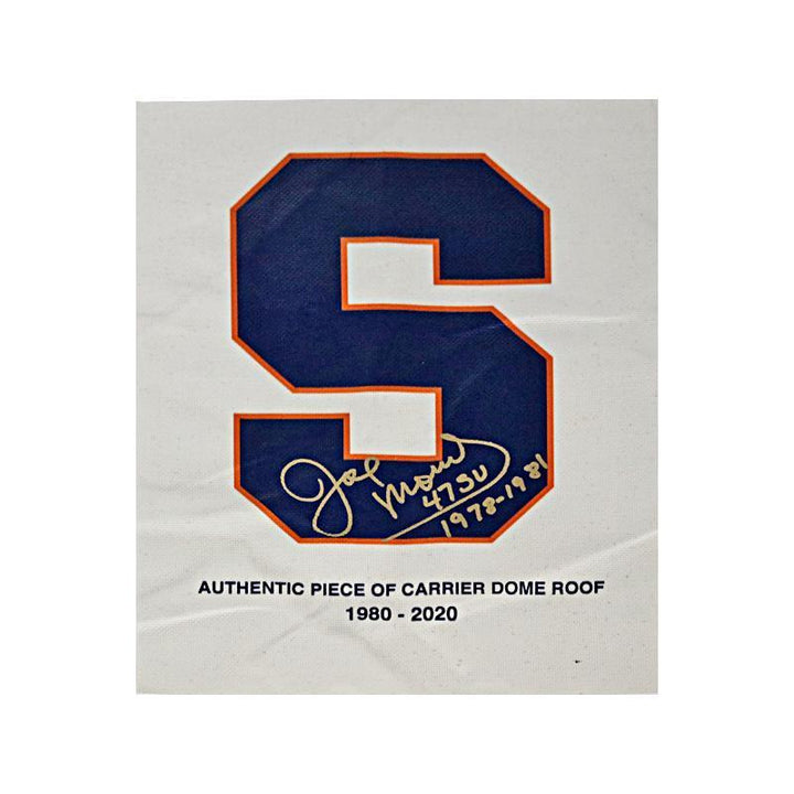 Joe Morris Syracuse University Autographed and Insc. "1978-1981" Blue S on Authentic Piece of Dome Roof