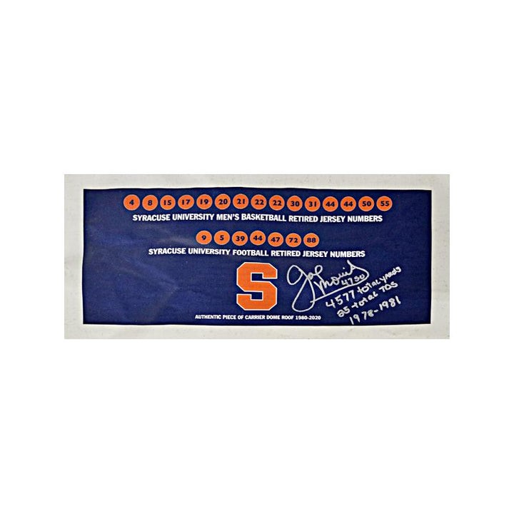 Joe Morris Syracuse University Autographed and Insc. "4577 total Yards, 25 Total TDs 1978-1981" on Dome Roof Retired Numbers Collage
