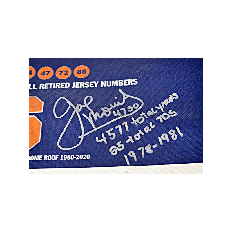 Joe Morris Syracuse University Autographed and Insc. "4577 total Yards, 25 Total TDs 1978-1981" on Dome Roof Retired Numbers Collage