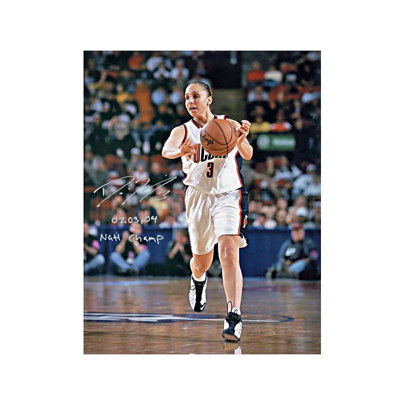 Diana Taurasi Autographed and Inscribed 02, 03, 04 Nat'l Champ UCONN Passing 16x20 Photo (CX Auth)