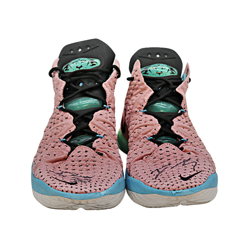 Diana Taurasi Phoenix Mercury Autographed 8/19/2021 Game Worn Pair of Nike Pink/Blue Lebron 18 Sneakers (Taurasi LOA)