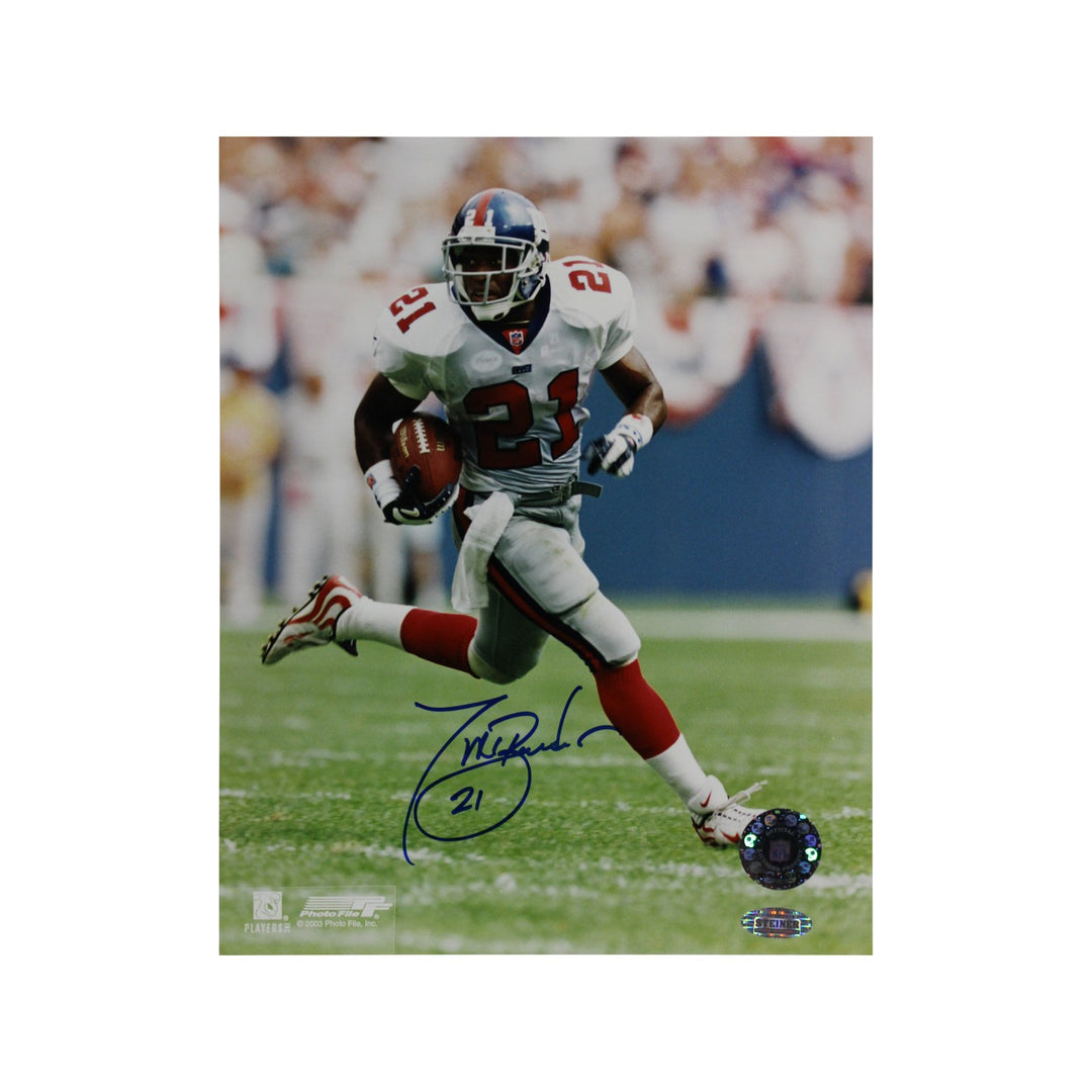 Tiki Barber New York Giants White Jersey Run Autographed 8x10 Photograph (Steiner Hologram Only)