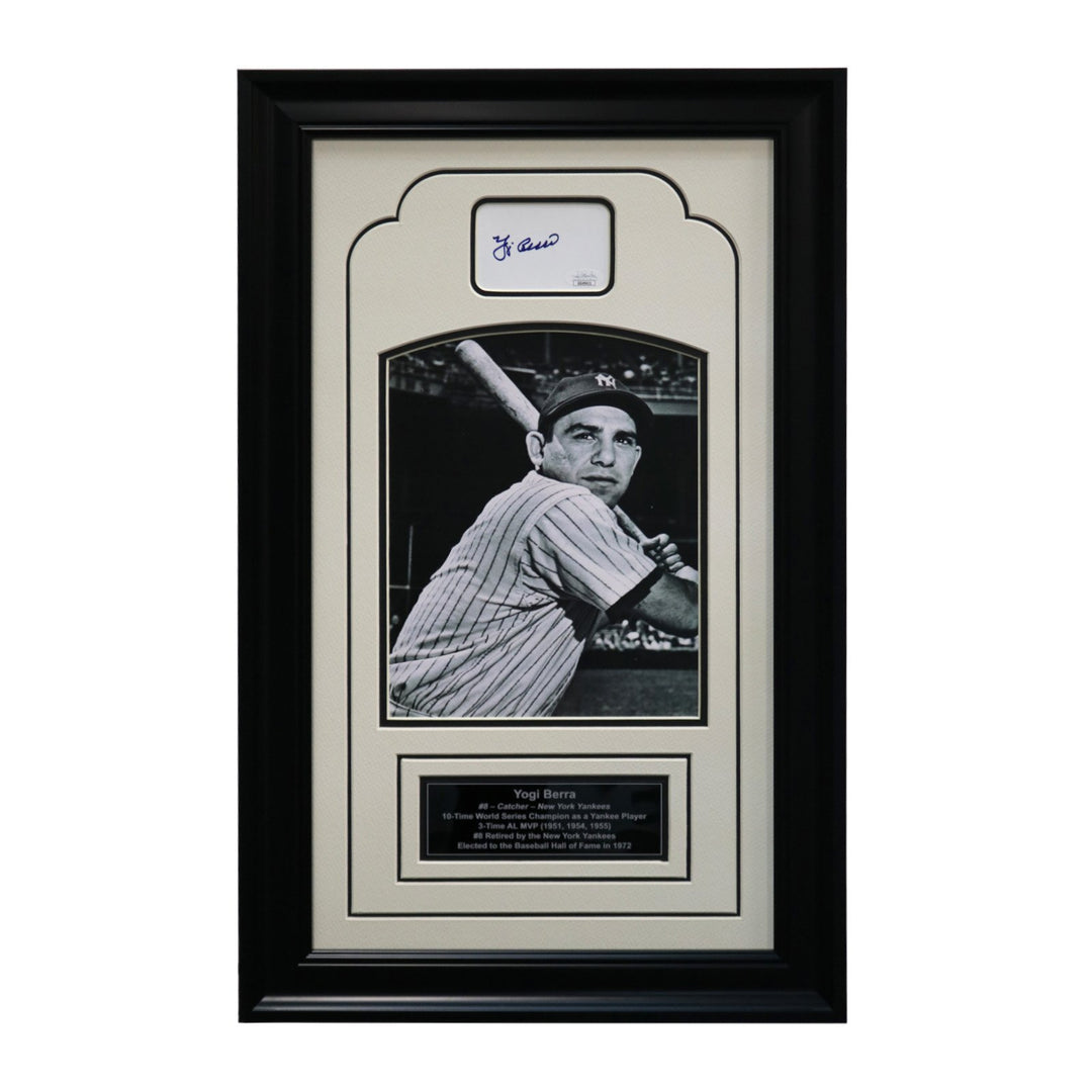 Yogi Berra New York Yankees Autographed and Framed Chit Collage - 15"25" Frame (JSA Authenticated) - CollectibleXchange
