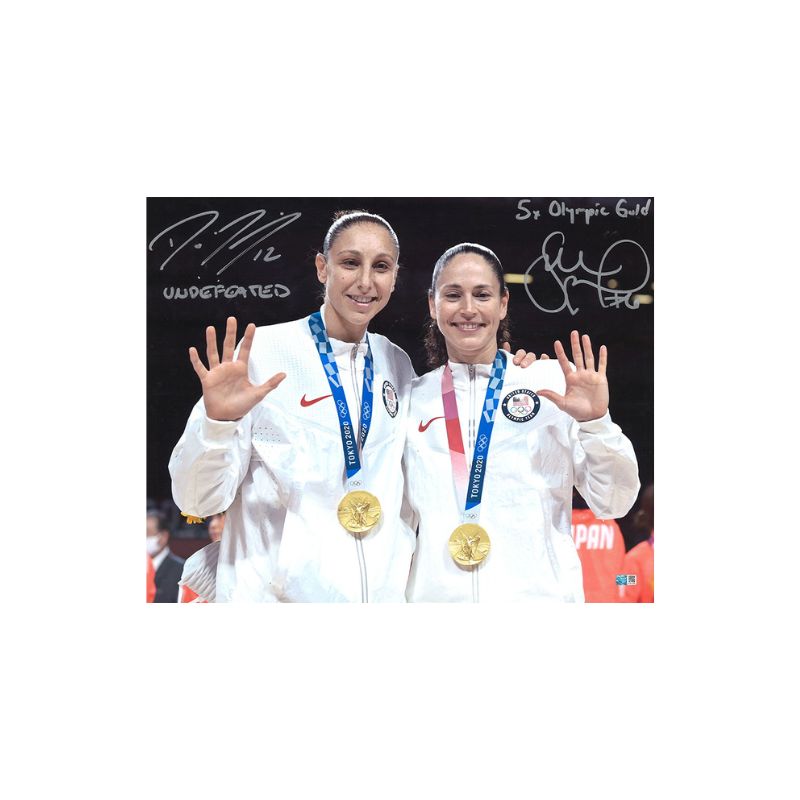 Sue Bird/Diana Taurasi Team USA Dual Signed and Inscribed "Undefeated, 5x Olympic Gold" 2020 Olympics 5 Golds Pose 16x20 Photograph