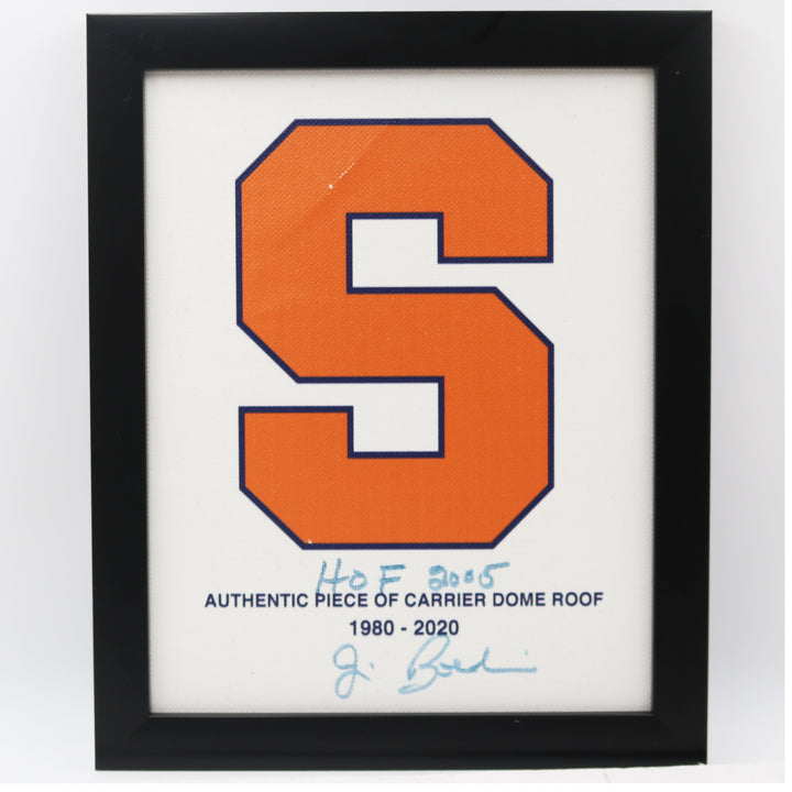 Jim Boeheim Autographed and Inscribed "HOF 2005" Syracuse University Authentic 11x14 Framed Piece of Carrier Dome Roof with Orange S Logo (CX Auth)