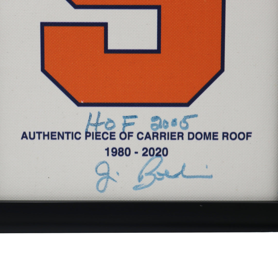 Jim Boeheim Autographed and Inscribed "HOF 2005" Syracuse University Authentic 11x14 Framed Piece of Carrier Dome Roof with Orange S Logo (CX Auth)