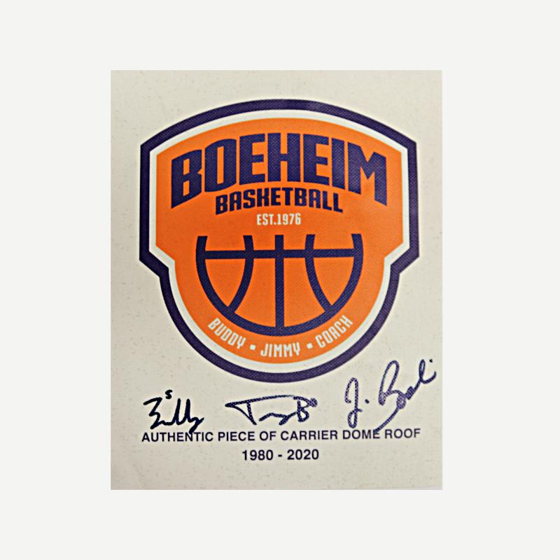 Coach, Buddy & Jimmy Triple Signed 11x14 Boeheim Family Logo Printed on an Authentic Piece of Carrier Dome Roof (CX Auth)