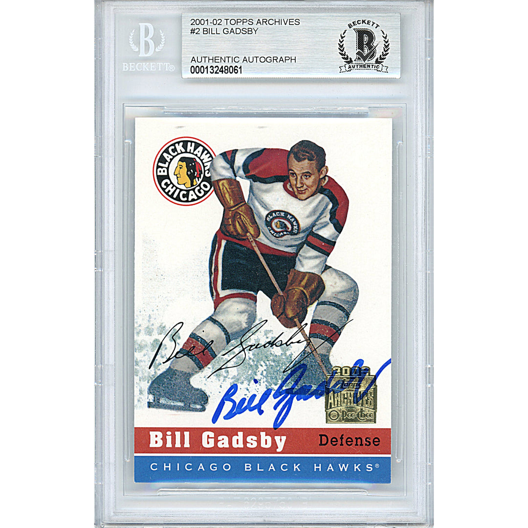 Bill Gadsby Autographed 2001-2002 Topps Archives Hockey Card Beckett BAS Slabbed Chicago Blackhawks Signed
