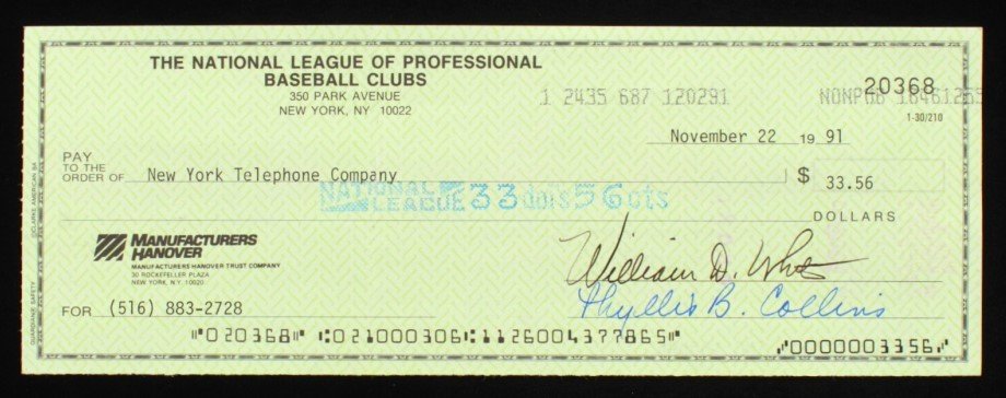 Bill White Signed Full Name William D. White St. Louis Cardinals & National League President Signed 1991 Bank Check (Beckett)