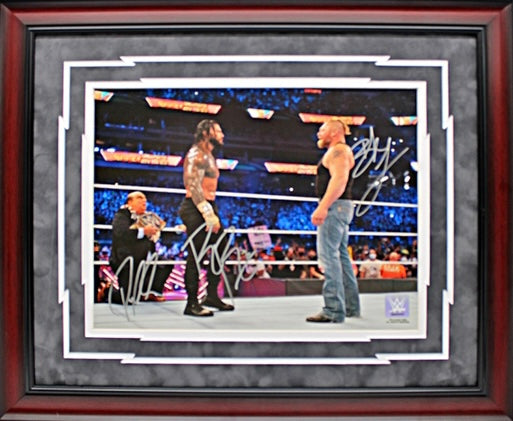 Brock Lesnar Roman Reigns & Paul Heyman WWE Triple Signed & Framed 11x14 Photo