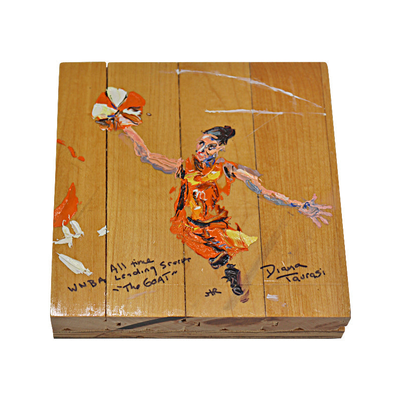 Diana Taurasi University of Connecticut "The Goat" Original Stephanie Reiter Artwork on a Piece of Authentic 6x6 Piece of 1990-2003 Hartford Civic Center Court  