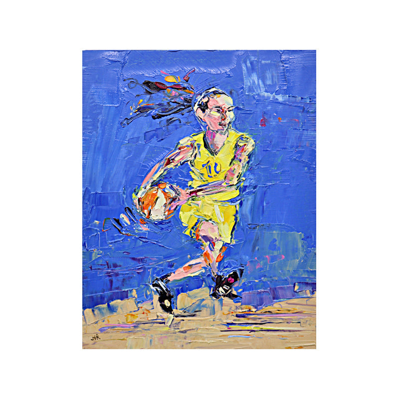 Sue Bird Seattle Storm Yellow Jersey Driving to Basket Original Stephanie Reiter Artwork - 8"x10" on Wood