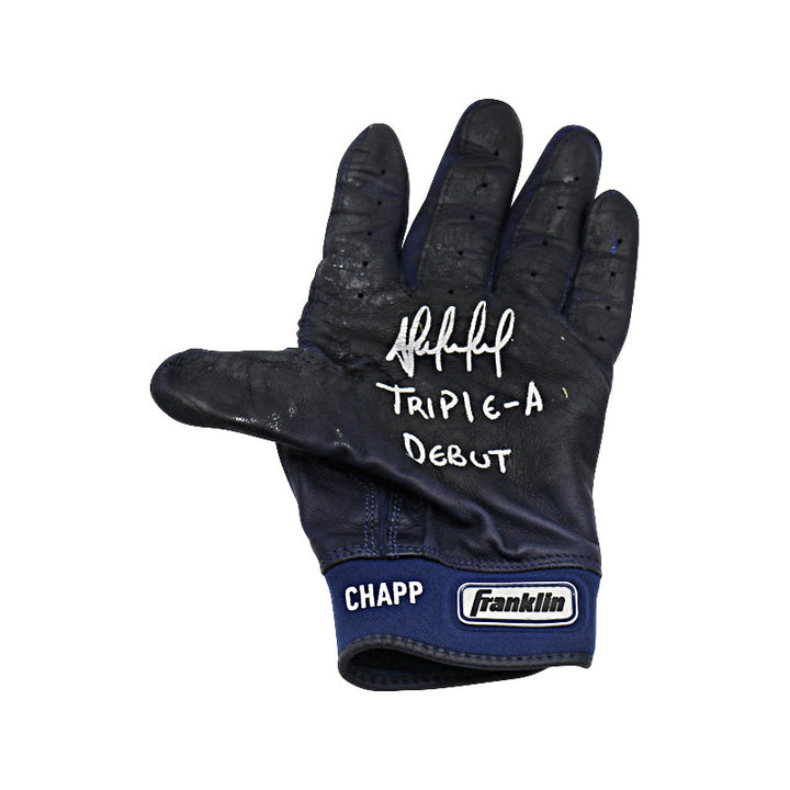 Andres Chaparro New York Yankees Autographed and Inscribed Triple-A Debut Game Used Franklin Navy Left Batting Glove (Chaparro LOA)