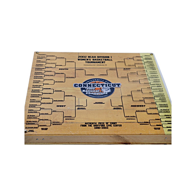 Authentic 12"x12" Piece of 1990-2003 Hartford Civic Center Court with University of Connecticut 2002 Women's National Championship Bracket