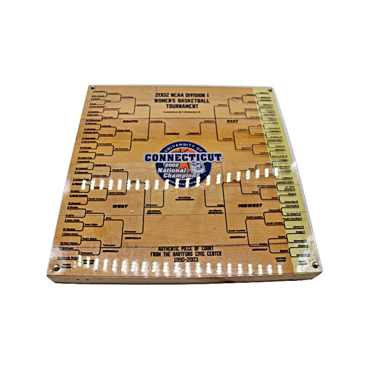 Authentic 12"x12" Piece of 1990-2003 Hartford Civic Center Court with University of Connecticut 2002 Women's National Championship Bracket