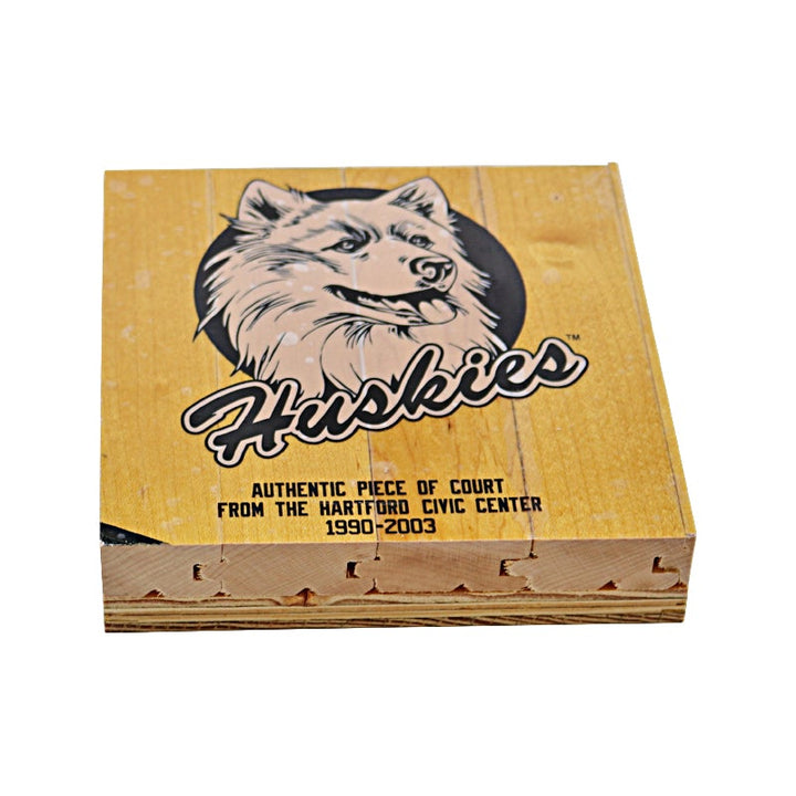 Authentic 6" x 6" Piece of 1990-2003 Hartford Civic Center Court with University of Connecticut Huskies Logo