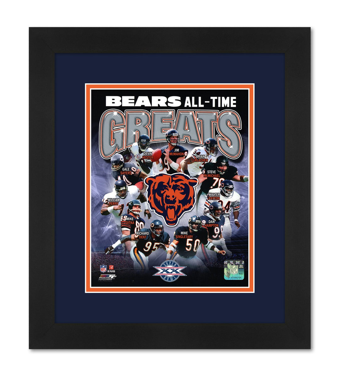 Chicago Bears All-Time Greats Team Collage Professionally Framed in 13 x16 High Quality Black Frame with Team Colors Matting