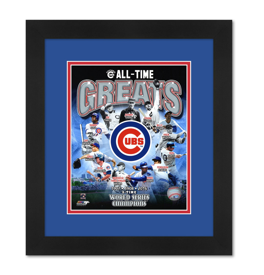 Chicago Cubs All-Time Greats Team Collage 13x16 Professionally Framed and Matted with Matching Team Colors