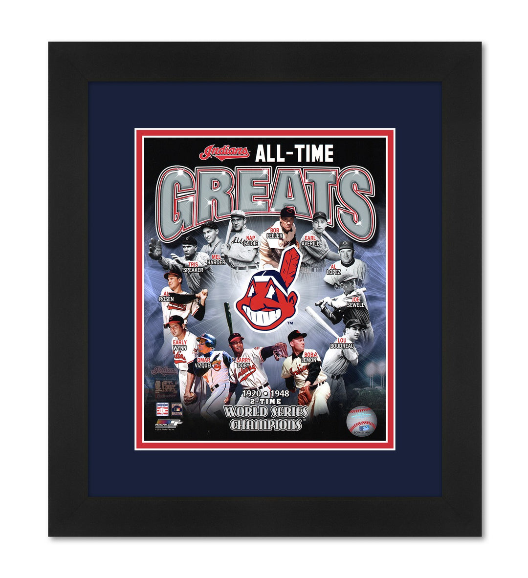 Cleveland Indians All-Time Greats Team Photo Collage in a 13x16 Professionally Framed and Matted with Matching Team Colors