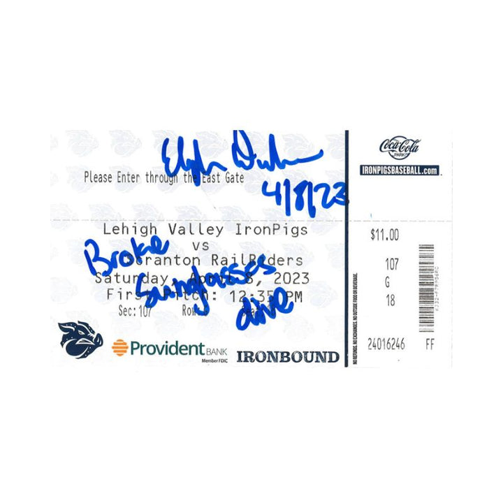 Elijah Dunham New York Yankees Autographed Ticket From 4/8/23 w/ "Broken Sunglasses Dive" Inscription (CX Auth)