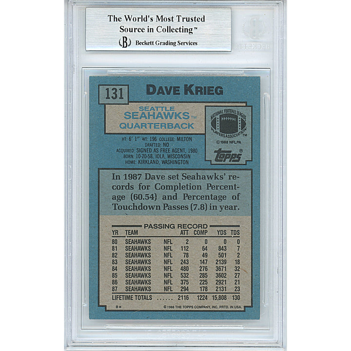 Dave Krieg Seattle Seahawks Autographed 1988 Topps Football Card Beckett BAS Authentic Slab Signed