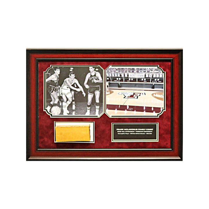 Fordham University 17" x 23" Framed Collage with an Authentic Piece of Rose Hill Gymnasium Basketball Court - Frank McLaughlin Edition