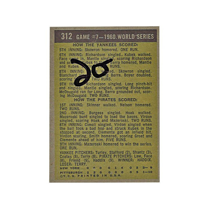 1961 Topps #312 Pittsburgh Pirates 1960 World Series Game #7 "Mazeroski's Homer Wins It" Trading Card