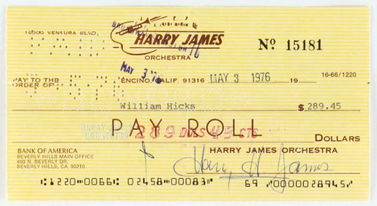 Harry James Band Leader and Trumpet Player Signed 1976 Business Check (PSA)
