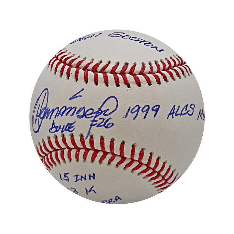 Orlando Hernandez New York Yankees Autographed 3 Inscription 1999 ALCS MVP Stat Ball(CX Auth)