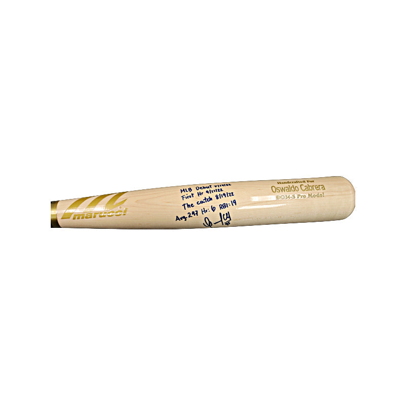 Oswaldo Cabrera New York Yankees Autographed 4 Inscription Stat Game Model Marucci Bat (CX Auth)