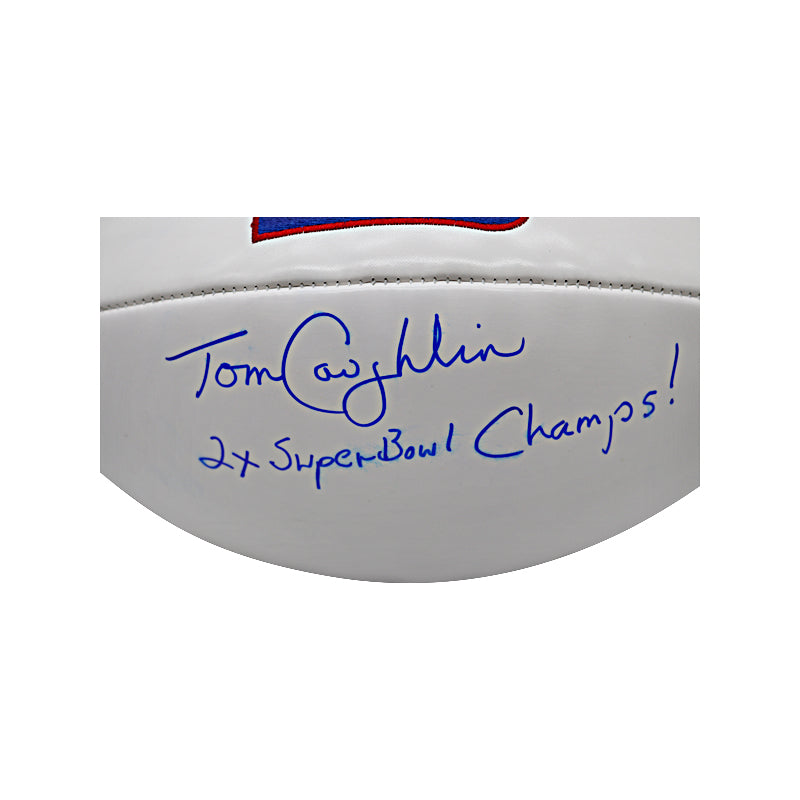 Tom Coughlin New York Giants Autographed White Panel Football with 2x Super Bowl Champs Inscr (CX)