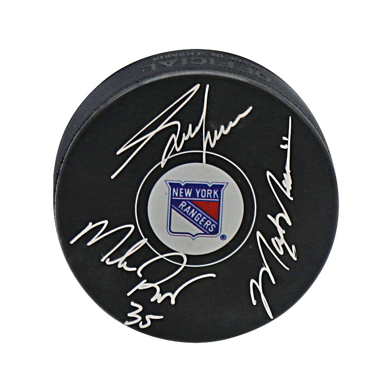 Mark Messier, Mike Richter, Adam Graves New York Rangers Triple Signed Replica Puck (CX and Steiner Auth)
