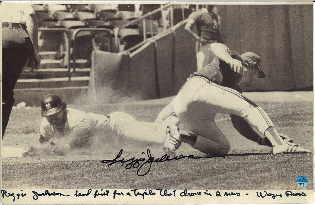 Reggie Jackson Head First Slide Autographed 7x9 Press Photo dated 7/8/79