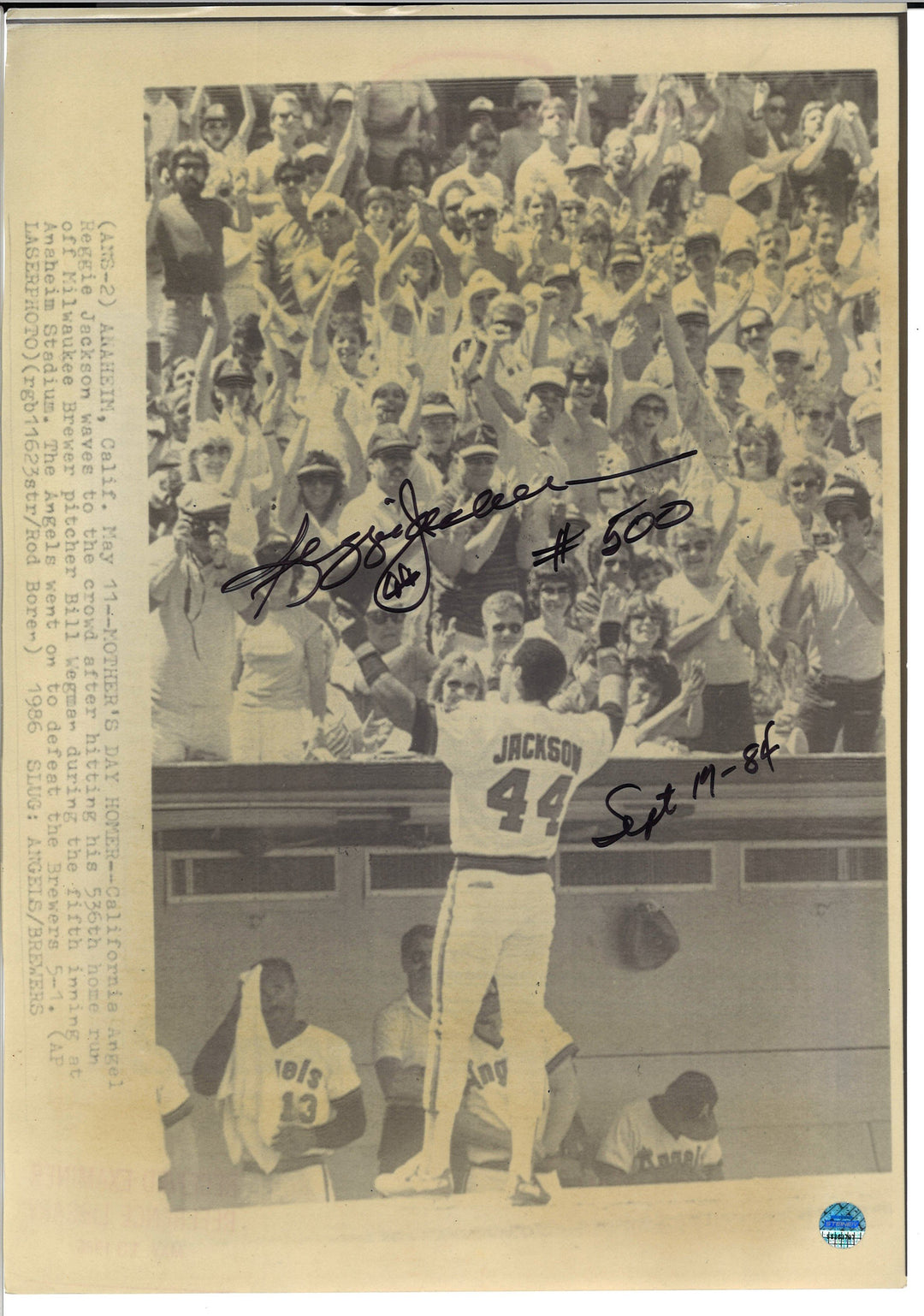 Reggie Jackson Autographed 7x9 Press Photo Copy dated 5/12/86