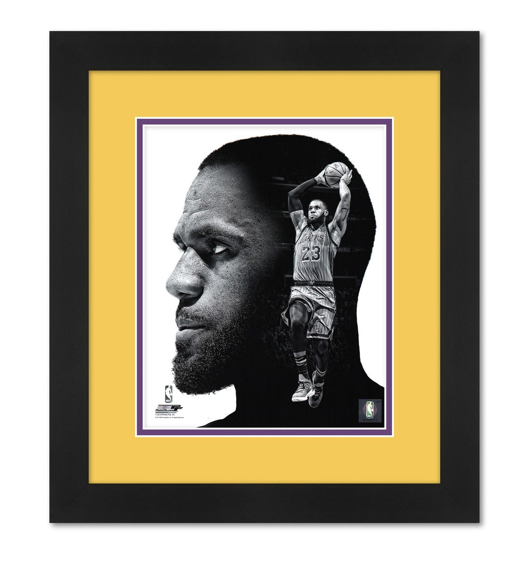 LeBron James Los Angeles Lakers B&W Photo Professionally Framed 13 x16 High Quality Black Frame with Team Colors Matting