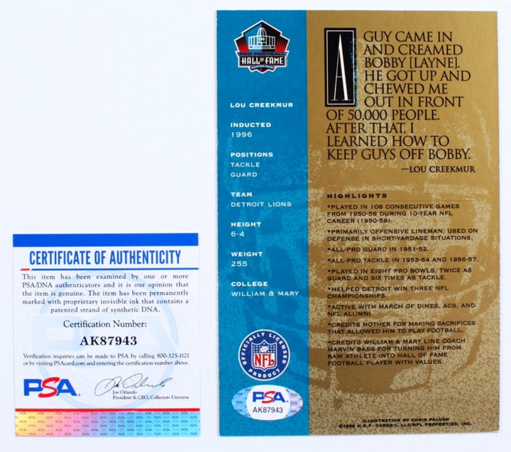 Lou Creekmur Detroit Lions Signed Hall of Fame Signature Series Card Inscribed HOF 96 (PSA)