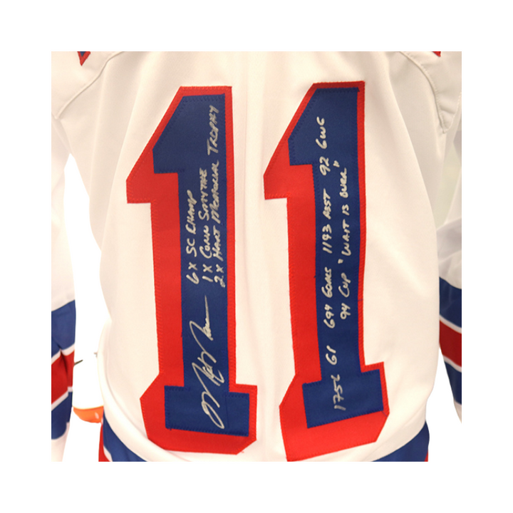 Mark Messier New York Rangers Autographed 8 Inscription Stats Replica White Rangers Jersey (CX Auth)