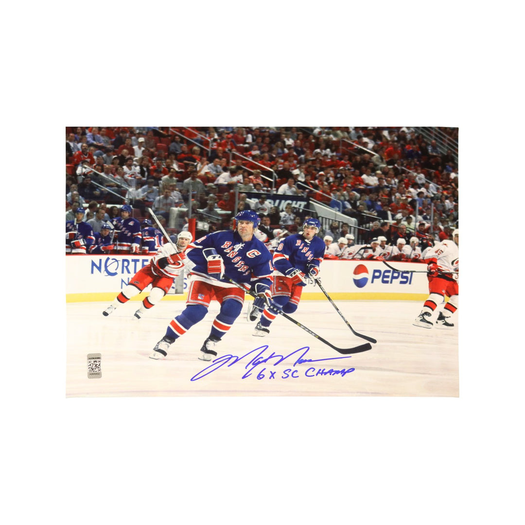 Mark Messier Autographed New York Rangers Skating vs. Carolina 8x10 Photograph w/ "6x SC Champ" Inscription (CX Authenticated)