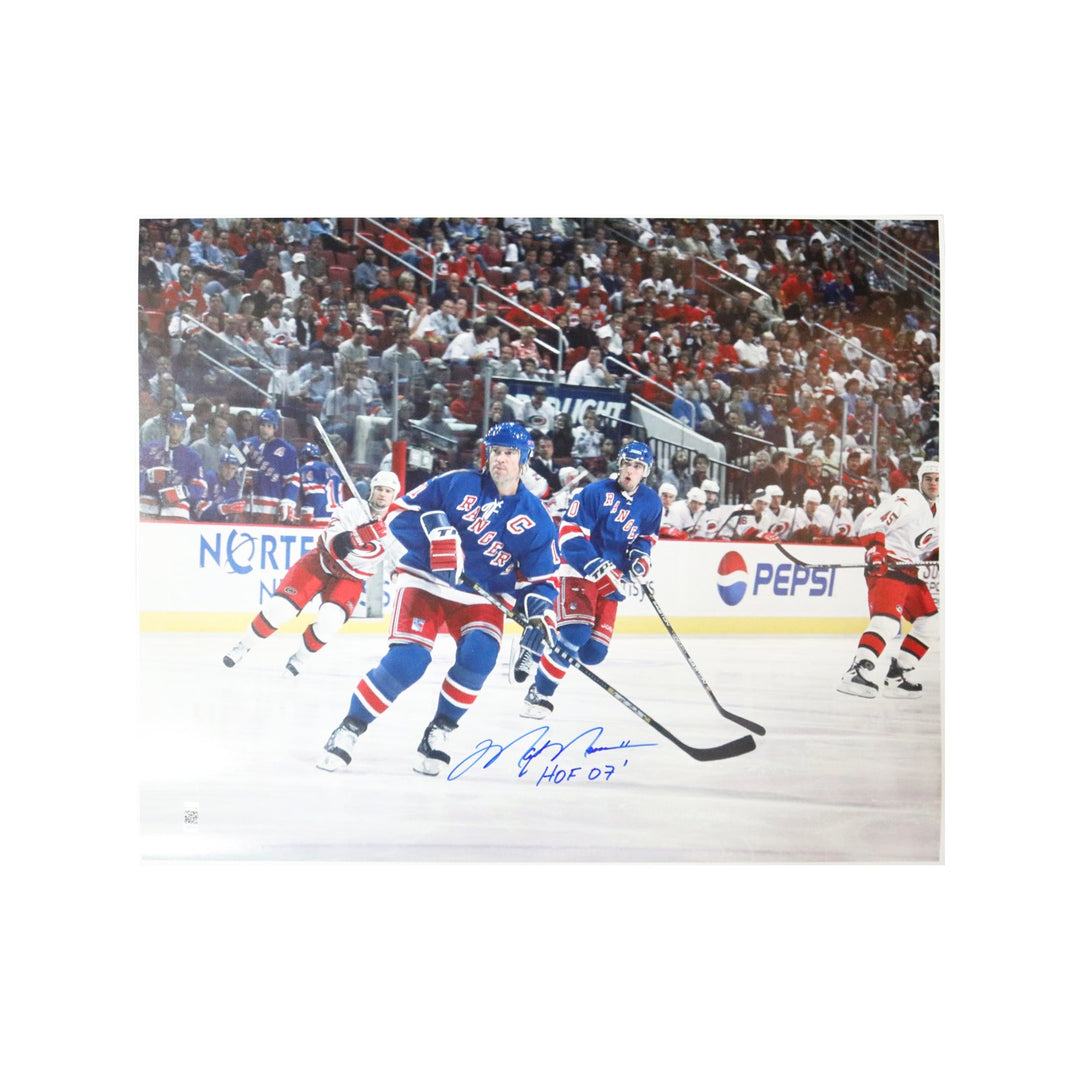 Mark Messier Autographed New York Rangers Skating vs. Carolina 16x20 Photograph w/ "HOF 07" Inscription (CX Auth)