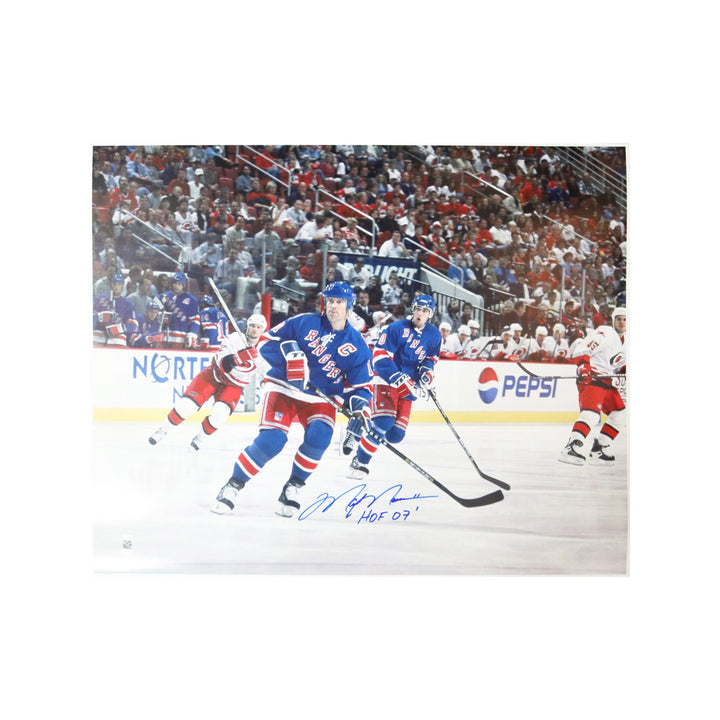 Mark Messier Autographed New York Rangers Skating vs. Carolina 16x20 Photograph w/ "HOF 07" Inscription (CX Auth)