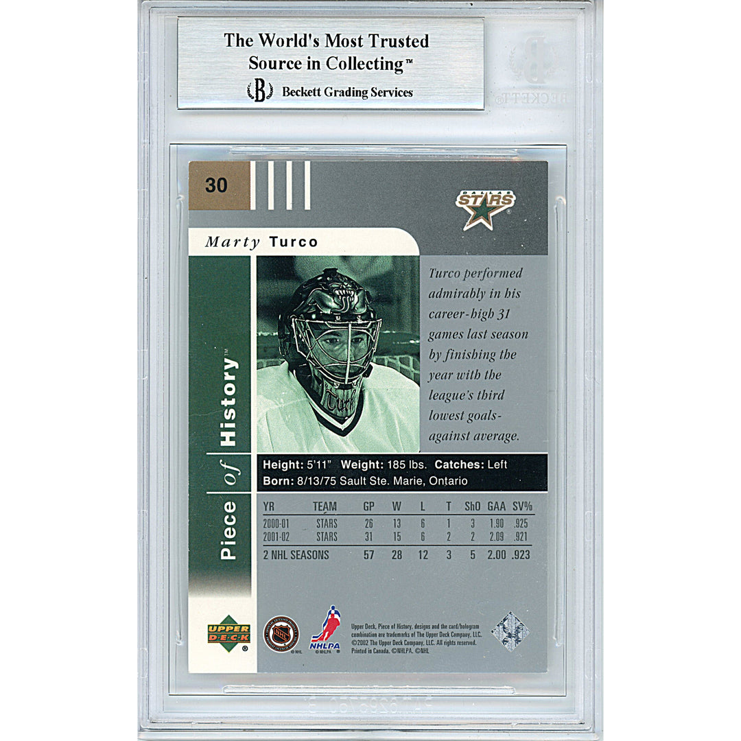 Marty Turco Dallas Stars Autographed 2002-2003 UD Pieces of History Hockey Card Beckett BAS Signed