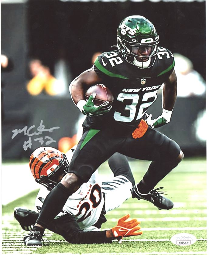 Michael Carter New York Jets Autographed Vertical 8x10 Photograph vs Bengals - Signed in Silver (JSA Auth)