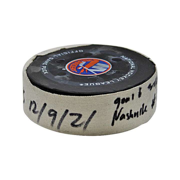 New York Islanders Game Used Puck 12/9/21 vs Nashville Goal #6 Puck Scored by Yakov Trenin