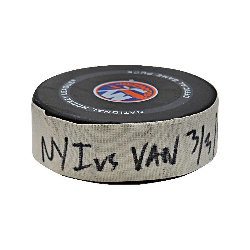 New York Islanders Game Used Puck 3/3/22 vs Vancouver Goal #2 Puck Scored by Brad Hunt